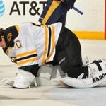 NASHVILLE, TN - JANUARY 12: Tuukka Rask #40 of the Boston Bruins goes to his knees after being injured during the first period of a game against the Nashville Predators at Bridgestone Arena on January 12, 2017 in Nashville, Tennessee (Photo by Frederick Breedon/Getty Images)