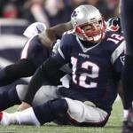 Foxborough, MA 01/14/17 Patriots Tom Brady reacts after being sacked in the second quarter. The New England Patriots play against the Houston Texans in the AFC Divisional Playoff game at Gillette Stadium Saturday, Jan. 14, 2017. (Stan Grossfeld/Globe Staff