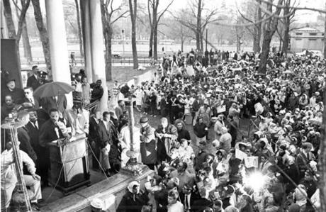 Dr. Martin Luther King Jr. addressed the crowd on Boston Common after a march from Roxbury in 1965. 
