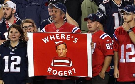 Foxborough, MA - 09/10/15 - (2nd quarter) Fans in the stands hold a sign looking for Roger Goodell. The New England Patriots take on the Pittsburgh Steelers in the season home opener and raising of the Super Bowl Championship banner at Gillette Stadium in Foxborough, MA. - (Barry Chin/Globe Staff), Section: Sports, Reporter: Michael Whitmer, Topic: 11Patriots-Steelers, LOID: 8.1.3369354991. 
