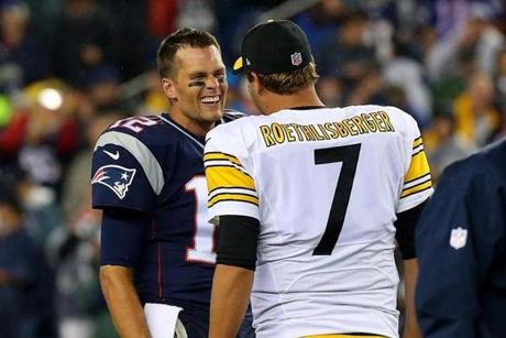 FOXBORO, MA - SEPTEMBER 10: Tom Brady #12 of the New England Patriots and Ben Roethlisberger #7 of the Pittsburgh Steelers speak before the game at Gillette Stadium on September 10, 2015 in Foxboro, Massachusetts. (Photo by Jim Rogash/Getty Images)
