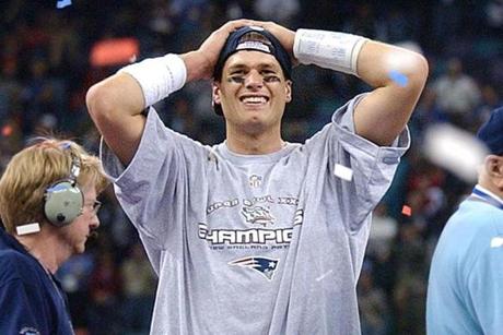 Patriots quarterback Tom Brady was in disbelief after winning his first Super Bowl, in 2002 against the Rams. It began an extraordinary run of success for Boston?s sports teams.
