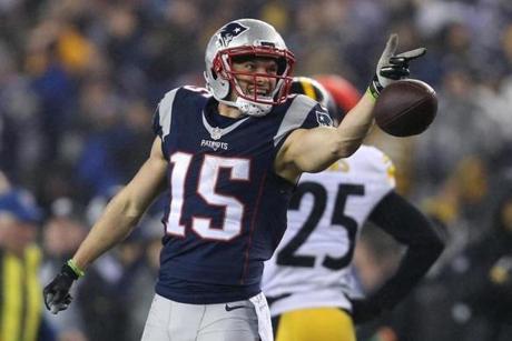 FOXBORO, MA - JANUARY 22: Chris Hogan #15 of the New England Patriots reacts after making a reception during the first half against the Pittsburgh Steelers in the AFC Championship Game at Gillette Stadium on January 22, 2017 in Foxboro, Massachusetts. (Photo by Maddie Meyer/Getty Images)
