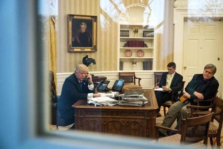 President Trump spoke on the phone Saturday while in the Oval Office.

