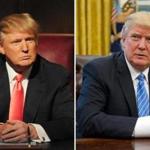 Left: Reality TV star Donald Trump on ?Celebrity Apprentice? in 2008. Right: President Trump in the Oval Office on Jan. 23.
