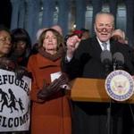 Representative Nancy Pelosi (center) and Senator Chuck Schumer (right) at a rally Monday in front of the US Supreme Court. ?Fake Tears Chuck Schumer? was President Trump?s latest Twitter target.