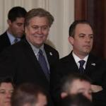 Steve Bannon, chief White House strategist to President Donald Trump, left, and White House Chief of Staff Reince Priebus stand together in the East Room of the White House in Washington, Tuesday, Jan. 31, 2017, before President Donald Trump arrives to announce Judge Neil Gorsuch as his nominee for the Supreme Court. (AP Photo/Carolyn Kaster)