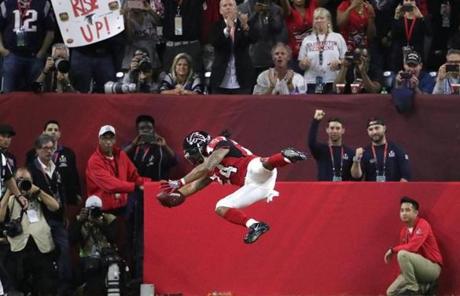 PATS SLIDER 8 Houston, Feb. 5, 2017 - Falcon Devonta Freeman dives into the end zone for a TD. Second quarter action at NRG Stadium in the Super Bowl. The Atlanta Falcons play the New England Patriots in Super Bowl LI at NRG Stadium in Houston on Feb. 5, 2017. Barry Chin / Globe staff.
