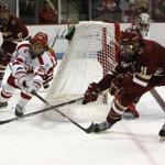 Year after year, the teams are always stretched to their limit when Boston College and Boston University meet in the Beanpot as in this 2015 battle between BC?s Chris Calnan (right) and BU?s Brien Diffley. 