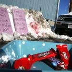 A Valentine's Day space saver offered free candy in South Boston. 