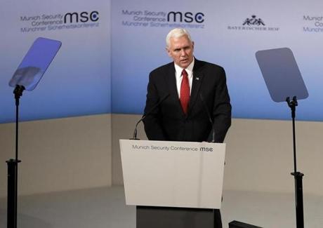 United States Vice President Mike Pence speaks during the Munich Security Conference in Munich, Germany, Saturday, Feb. 18, 2017. The annual weekend gathering is known for providing an open and informal platform to meet in close quarters. (AP Photo/Matthias Schrader)
