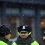 Boston police waited in the snow before the Super Bowl parade on Feb. 7.