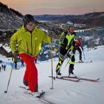 Skiers at the Aspen Highlands in Colorado during a ski mountaineering race. 