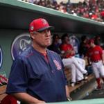 Fort Myers, FL - 2/23/2017 - Boston Red Sox manager John Farrell (53) watching from the dugout during today's game against the Northeastern Huskies. Red Sox Spring Training. Red Sox vs. Northeastern University Huskies. Day Eleven at Jet Blue Park in Fort Myers, FL. - (Barry Chin/Globe Staff), Section: Sports, Reporter: Peter Abraham, Topic: 24Red Sox, LOID: 8.3.1673334524.