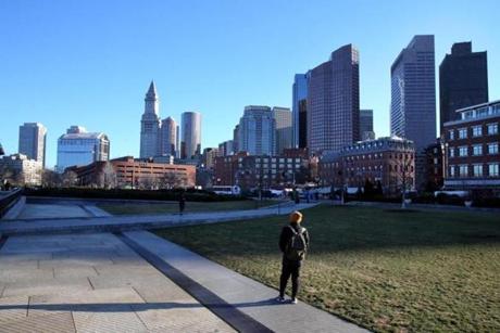 A pedestrian took in the view at the Rose Fitzgerald Kennedy Greenway in Boston. 
