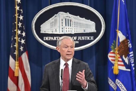 US Attorney General Jeff Sessions spoke at a press conference at the Justice Department on Thursday.
