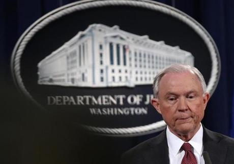 WASHINGTON, DC - MARCH 02: U.S. Attorney General Jeff Sessions answers questions during a press conference at the Department of Justice on March 2, 2017 in Washington, DC. Sessions addressed the calls for him to recuse himself from Russia investigations after reports surfaced of meetings he had with the Russian ambassador during the U.S. presidential campaign. (Photo by Win McNamee/Getty Images)
