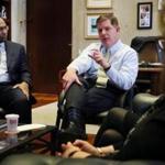 Mayor Walsh met with leaders of the city?s biggest hospitals at City Hall, including Carney Hospital president Walter Ramos (left).