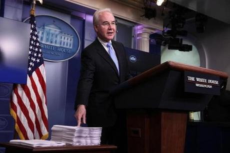 WASHINGTON, DC - MARCH 07: U.S. Secretary of Health and Human Services Tom Price compares a copy of the Affordable Care Act (R) and a copy of the new House Republican health care bill (L) during the White House daily press briefing March 7, 2017 at the White House in Washington, DC. Secretary Price answered questions on the new healthcare bill during the briefing. (Photo by Alex Wong/Getty Images)
