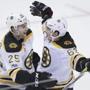 Brandon Carlo (left) and Brad Marchand celebrated Marchand?s second goal of the game.
