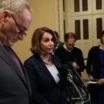 Senate Minority Leader Charles Schumer (left) looked on as House Minority Leader Nancy Pelosi spoke to reporters during a new conference on the GOP health care bill. 