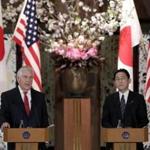 U.S. Secretary of State Rex Tillerson, left, speaks as Japanese counterpart Fumio Kishida, right, listens to him during a joint press conference after their bilateral meeting at Foreign Ministry's Iikura guest house in Tokyo, Thursday, March 16, 2017. Tillerson said Thursday cooperation with allies Japan and South Korea is 