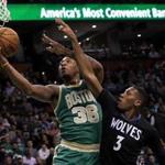 Boston, MA - 3/15/2017 - (2nd quarter) Boston Celtics guard Marcus Smart (36) drives for an easy layup off an assist by Boston Celtics guard Terry Rozier (12), not pictured, to bring the Celtics within 4 (36-40) of the Minnesota Timberwolves during the second quarter. The Boston Celtics host the Minnesota Timberwolves at TD Garden. - (Barry Chin/Globe Staff), Section: Sports, Reporter: Adam Himmelsbach, Topic: 16Celtics-Timberwolves, LOID: 8.3.1872736927.