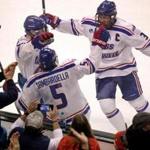 Boston, MA - 3/18/2017 - (2nd period) Massachusetts-Lowell River Hawks forward Joe Gambardella (5) celebrates his second period goal that gave the River Hawks a 4-2 lead over the Boston College Eagles. BC takes on UMass Lowell in Hockey East championship game at TD Garden. - (Barry Chin/Globe Staff), Section: Sports, Reporter: JohnPowers, Topic: 19Hockey East Final, LOID: 8.3.1904538636.