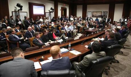 Boston, MA--3/20/2017 - The first to testify is Treasurer Deborah B. Goldberg (cq), left at small table. The Legislature's Joint Committee on Marijuana Policy holds its first public hearing at the State House. Photo by Pat Greenhouse/Globe Staff Topic: 21pothearing Reporter: Joshua Miller
