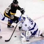 Boston, MA - 3/23/2017 - (1st period) Tampa Bay Lightning goalie Peter Budaj (31)stones Boston Bruins right wing Drew Stafford (19) on this attempt during a scoreless first period. The Boston Bruins host the Tampa Bay Lightning at TD Garden. - (Barry Chin/Globe Staff), Section: Sports, Reporter: Fluto Shinzawa, Topic: 24Bruins-Lightning, LOID: 8.3.1979892248.