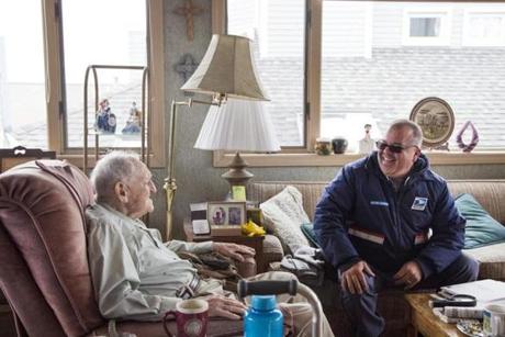  Nahant letter carrier John Uva regularly checks in with Tom Loftus. He called 911 once when Loftus didn?t recognize him
