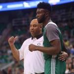 Jaylen Brown spoke with Boston Celtics' assistant coach Micah Shrewsberry during an NBA Summer League basketball game last July.