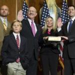 House Speaker Paul Ryan administered the House oath of office to Representative Ted Poe during a mock swearing-in ceremony in January. 