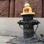 A fire hydrant in front of the Boylston Street firehouse that was home to the late firefighters Edward J. Walsh Jr. and Michael R. Kennedy. Sunday was the third anniversary of their deaths in a nine-alarm fire on Beacon Street.