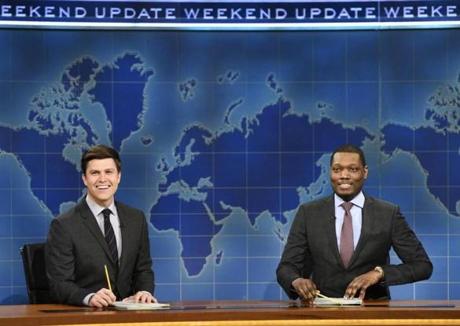 In this March 4, 2017 photo provided by NBC, Colin Jost and Michael Che, right, appear during Weekend Update segment of 