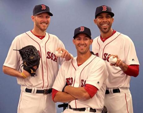 The Red Sox will only have two of their ?Big Three? starting pitchers at the start of the season with David Price (right) on the disabled list) But Chris Sale (left) and Rick Porcello (center) are ready to go

