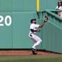 Boston-04/03/2017- Opening Day at Fenway Park- Red Sox played the Pirates- Sox centerfielder Jackie Bradley Jr. makes a catch on the cf warning track on a long fly ball hit by Pirates Francisco Cervelli in the 4th inning.John Tlumacki/Globe staff(sports)