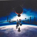 Alan Chinchar's 1991 rendition of the Space Station Freedom in orbit. The painting depicts the completed space station. Earth is used as the image's backdrop with the Moon and Mars off in the distance. Freedom was to be a permanently crewed orbiting base to be completed in the mid 1990's. It was to have a crew of 4. Freedom was an attempt at international cooperation that attempted to incorporate the technological and economic assistance, of the United States, Canada, Japan, and nine European nations. The image shows four pressurized modules (three laboratories and a habitat module) and six large solar arrays which were expected to generate 56,000 watts of electricity for both scientific experiments and the daily operation of the station. Space Station Freedom never came to fruition. Instead, in 1993, the original partners, as well as Russia, pooled their resources to create the International Space Station.