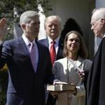 President Donald Trump watched as Supreme Court Justice Anthony Kennedy administered the judicial oath to Judge Neil Gorsuch. 