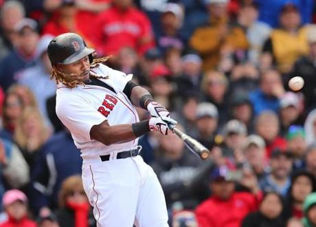 Boston-04/13/2017- Boston Red Sox vs Pirates- Sox Hanley Ramirez hits a 2-run double in the 8th inning to tie the score 3-3. John Tlumacki/Globe staff(sports)
