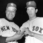 New York Yankees catcher Elston Howard, left, and Boston Red Sox rookie pitcher Billy Rohr (right) in 1967. Howard belted a single in the ninth inning of their last game on April 14, to ruin a no-hitter for Rohr.