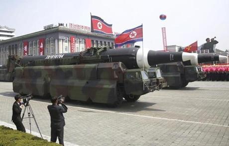 Missiles are paraded across Kim Il Sung Square during a military parade on Saturday, April 15, 2017, in Pyongyang, North Korea to celebrate the 105th birth anniversary of Kim Il Sung, the country's late founder and grandfather of current ruler Kim Jong Un. (AP Photo/Wong Maye-E)
