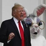 President Donald Trump, joined by the Easter Bunny, spoke from the Truman Balcony during the annual White House Easter Egg Roll on the South Lawn on Monday.