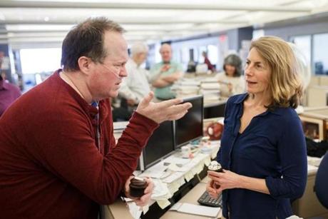 Sacha Pfeiffer talked with clergy abuse survivor Joe Crowley during a visit to the newsroom in 2016. 
