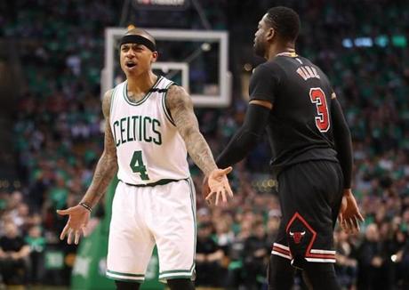 Boston MA 4/18/17 Boston Celtics Isaiah Thomas yelling at his teammate Marcus Smart during third quarter action against the Chicago Bulls in game 2 of the first round of the NBA Playoffs at TD Garden. (Photo by Matthew J. Lee/Globe staff) topic: reporter:
