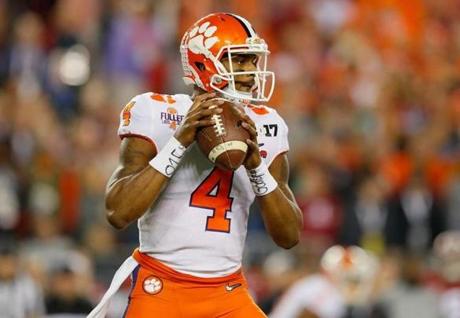 TAMPA, FL - JANUARY 09: Quarterback Deshaun Watson #4 of the Clemson Tigers looks to pass during the first half against the Alabama Crimson Tide in the 2017 College Football Playoff National Championship Game at Raymond James Stadium on January 9, 2017 in Tampa, Florida. (Photo by Kevin C. Cox/Getty Images)
