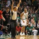 Boston MA 4/26/17 Boston Celtics Avery Bradley after knocking down a 3-point basket over Chicago Bulls Robin Lopez during third quarter action of game 5 of the NBA Playoffs at TD Garden. (Photo by Matthew J. Lee/Globe staff) topic: reporter: 