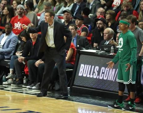 Chicago IL 4/28/17 Boston Celtics head coach Brad Stevens and Isaiah Thomas cannot believe a referee's call against the Chicago Bulls during second quarter action of game 6 of the NBA Playoffs at United Center. (Photo by Matthew J. Lee/Globe staff) topic: reporter: 
