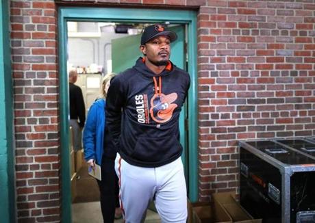 Boston-05/02/2017- Baltimore Orioles Adam Jones leaves the clubhouse to speak to reporters before the game with the Red Sox at Fenway Park. He talked about the racial slurs thrown at him during Monday night's game at Fenway. John Tlumacki/Globe Staff (sports)
