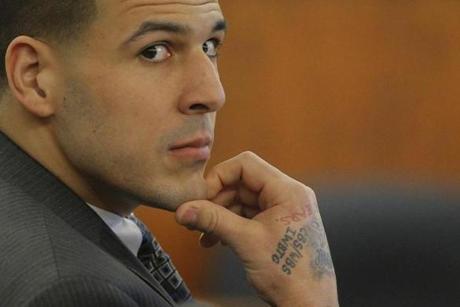 Former New England Patriots football player Aaron Hernandez at Bristol County Superior Court in April.

